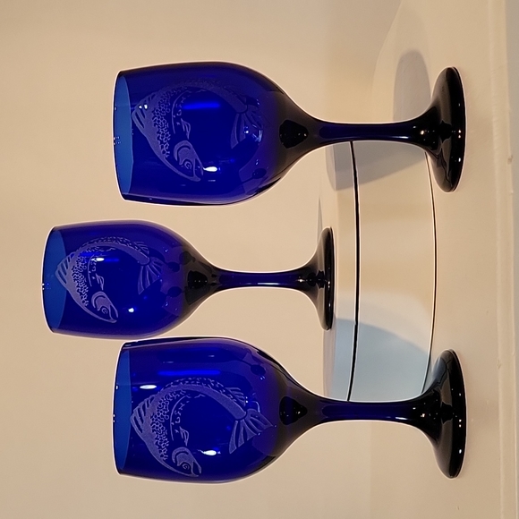 Libbey Dining Libbey Vintage Colbalt Blue Eched Fish Hand Blown